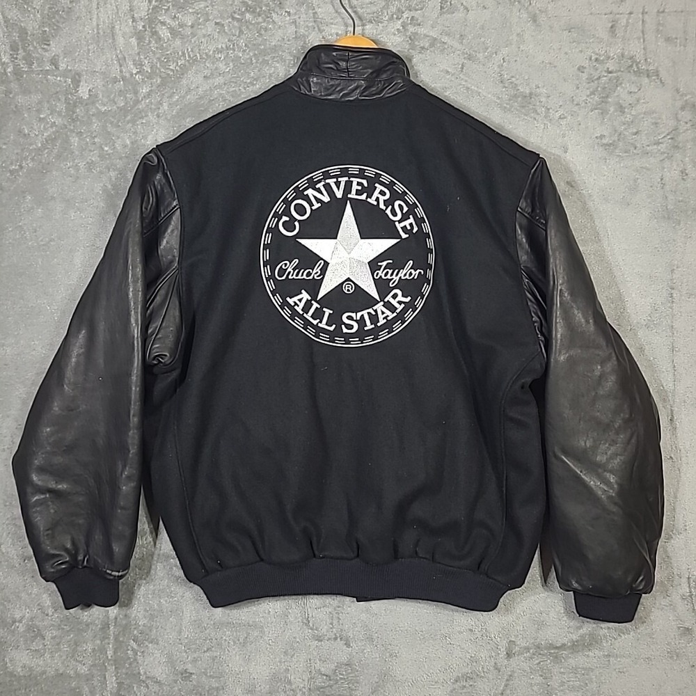 Vtg Golden Bear Converse Varsity Jacket Men XL Leather Wool Full Zip Black White
